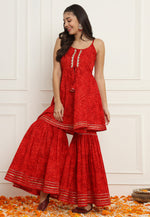 Load image into Gallery viewer, Red Cotton Kurta Set With Sharara
