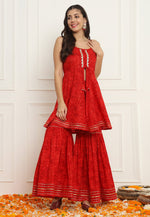Load image into Gallery viewer, Red Cotton Kurta Set With Sharara
