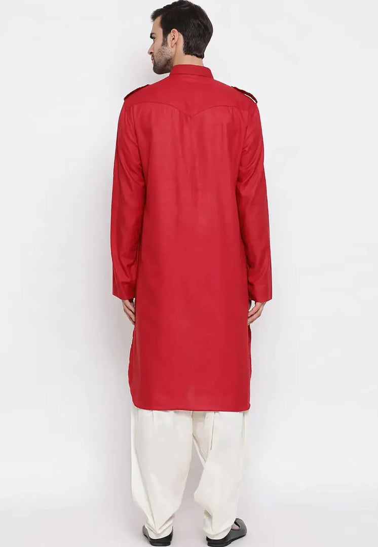 Red Cotton Pathani Suit