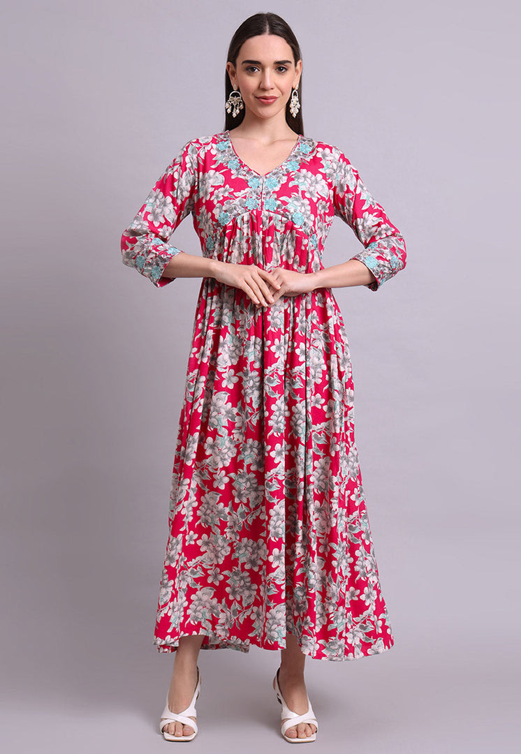 Red Cotton Readymade Anarkali Suit
