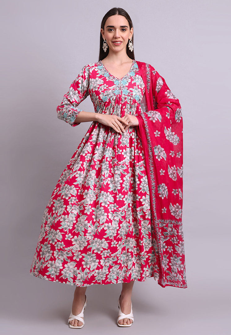 Red Cotton Readymade Anarkali Suit