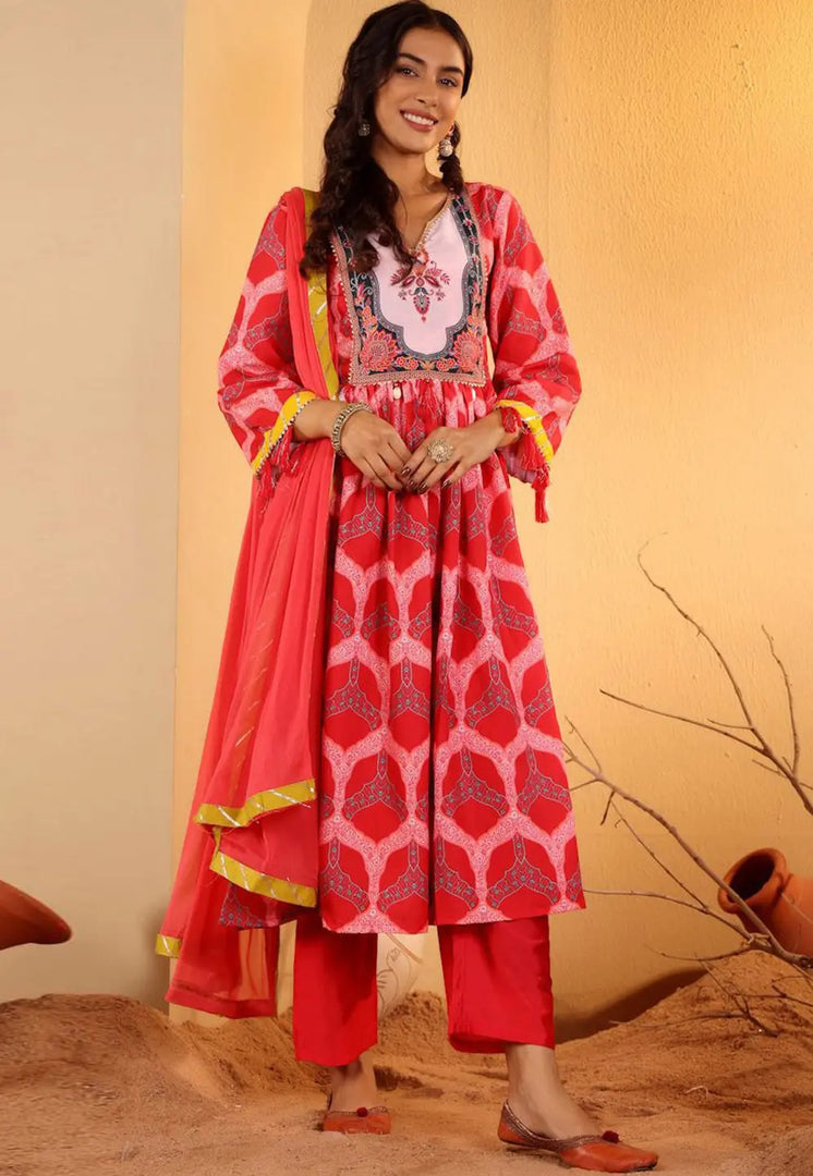 Red Cotton Readymade Anarkali Suit