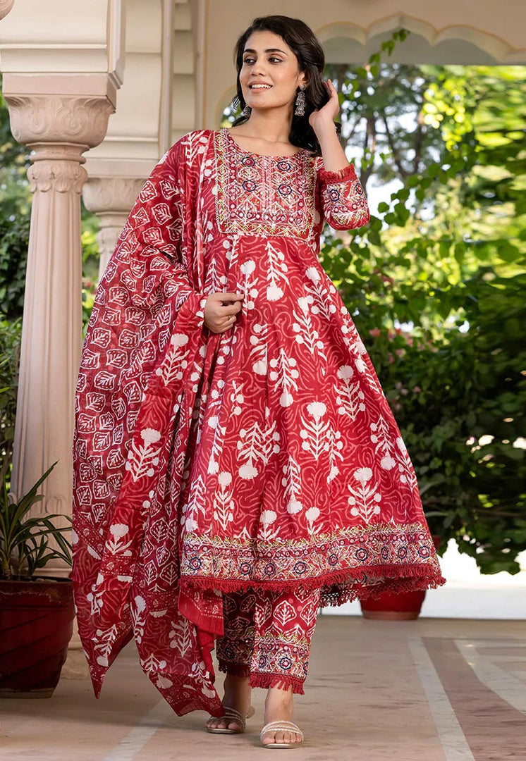 Red Cotton Readymade Anarkali Suit