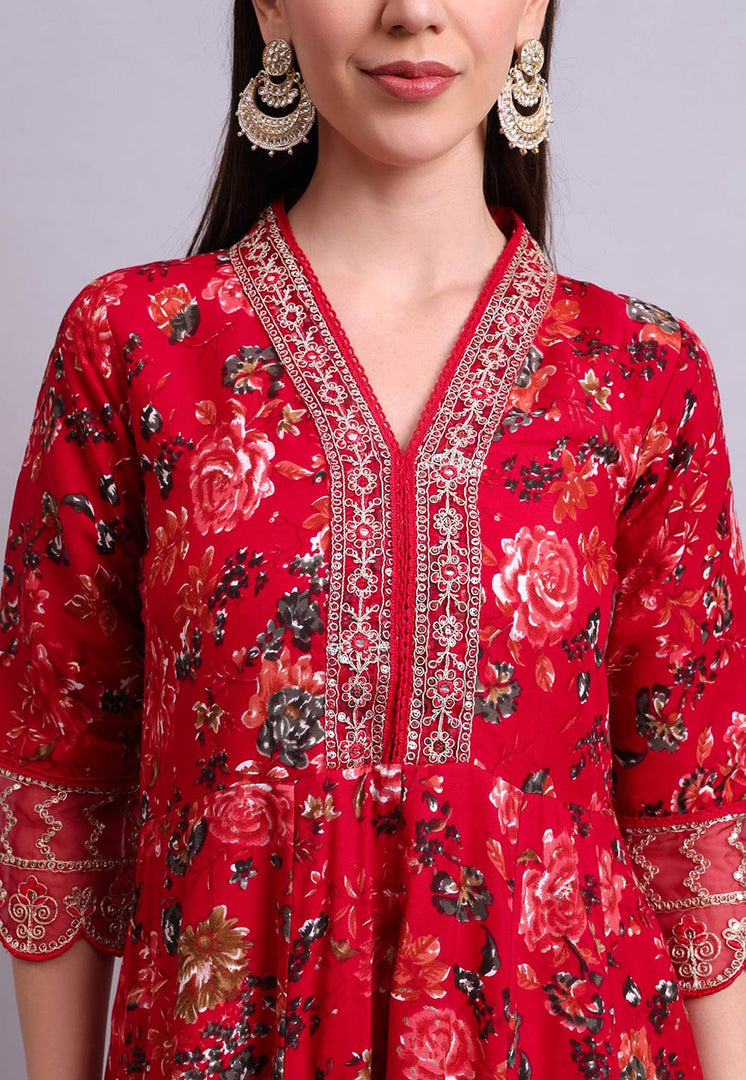 Red Cotton Readymade Anarkali Suit