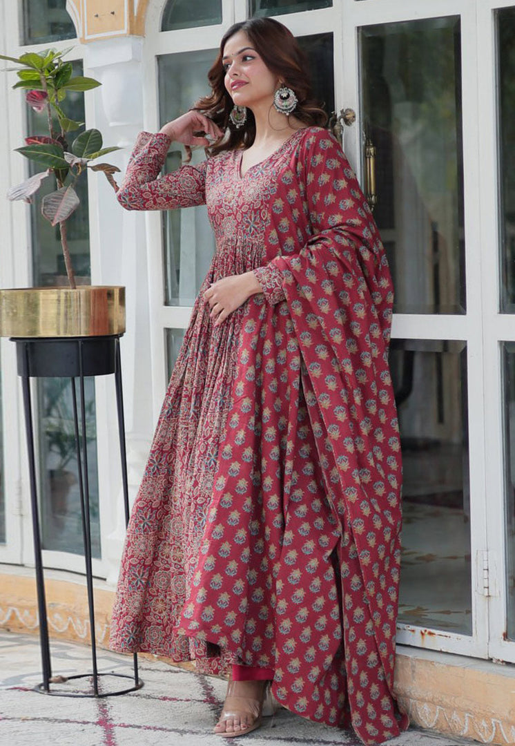 Red Cotton Readymade Anarkali Suit