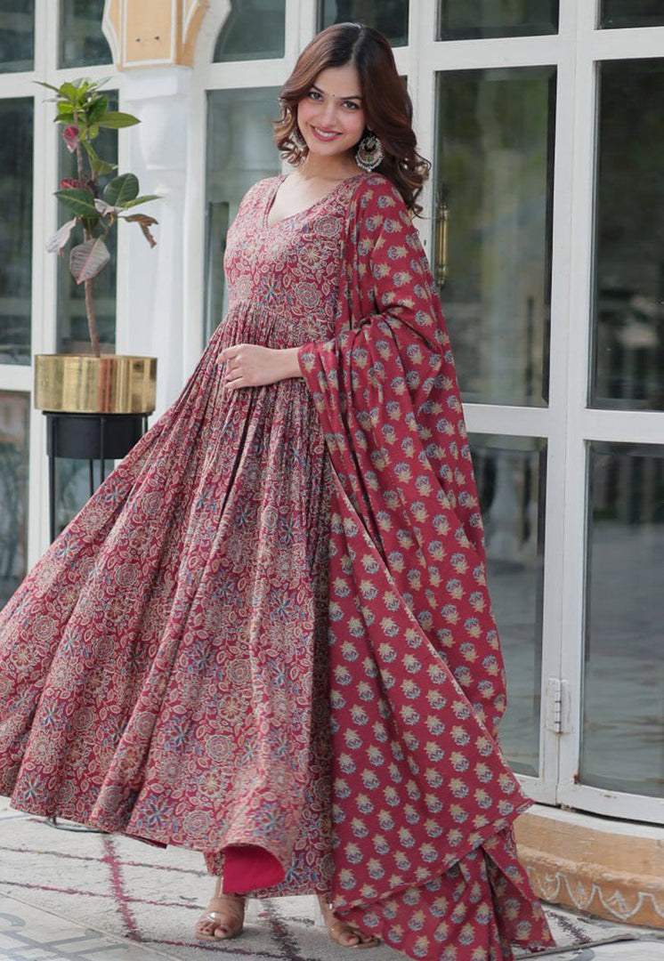 Red Cotton Readymade Anarkali Suit