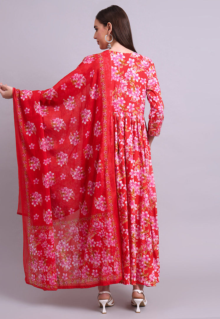 Red Cotton Readymade Long Anarkali Suit