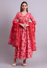 Load image into Gallery viewer, Red Cotton Readymade Long Anarkali Suit
