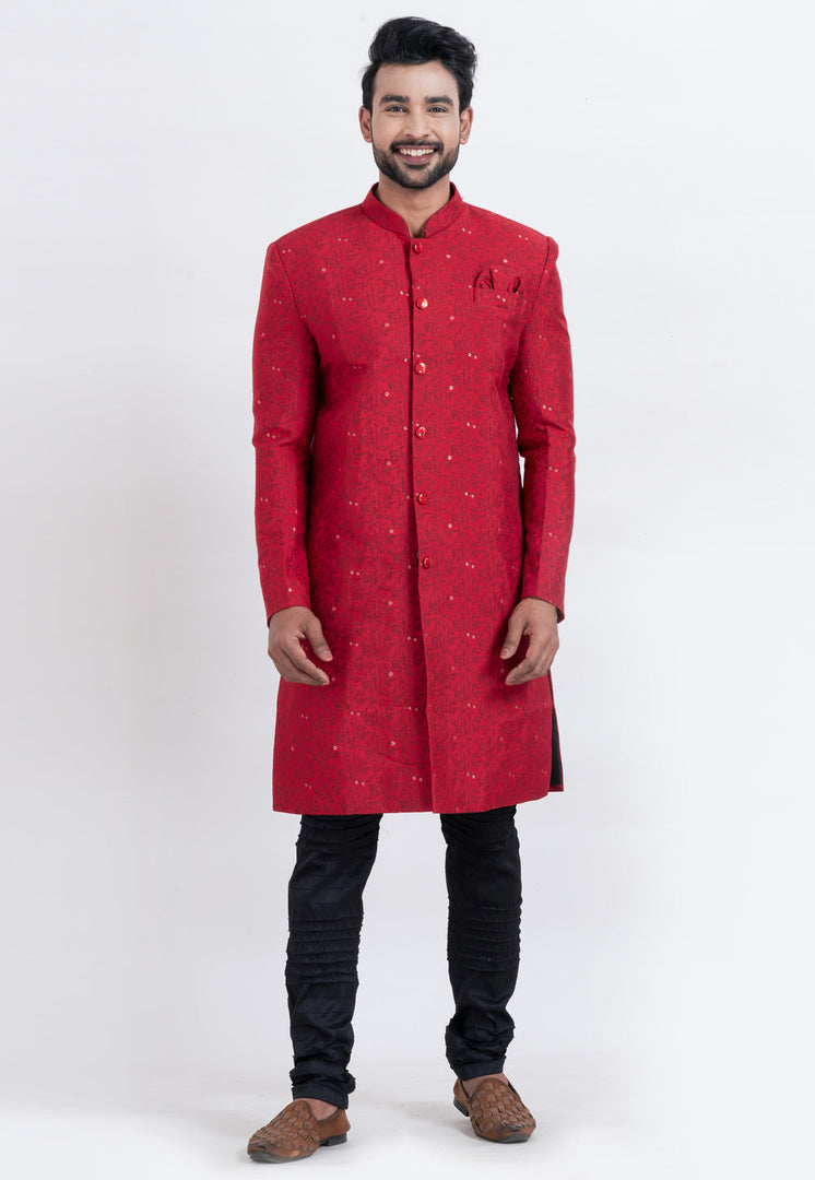 Red Cotton Silk Indo Western Suit