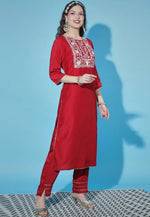 Load image into Gallery viewer, Red Cotton Silk Readymade Pant Style Suit
