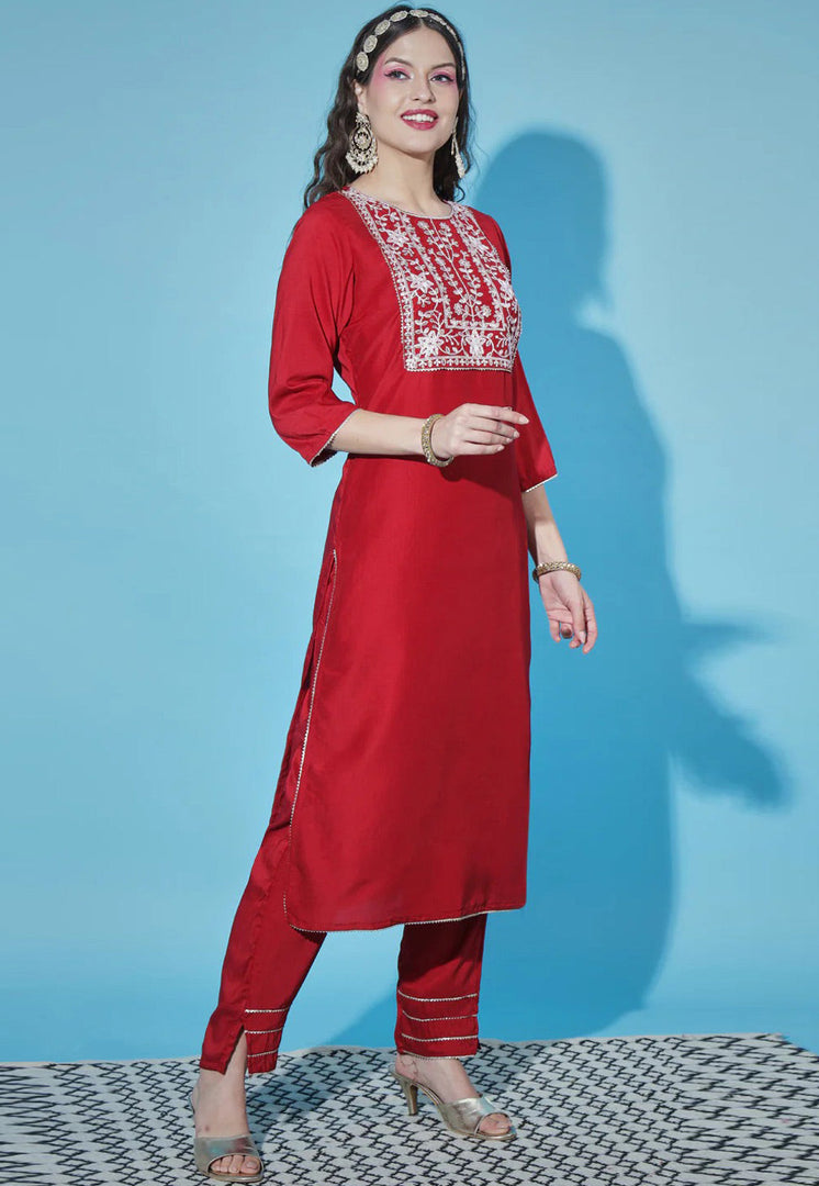 Red Cotton Silk Readymade Pant Style Suit
