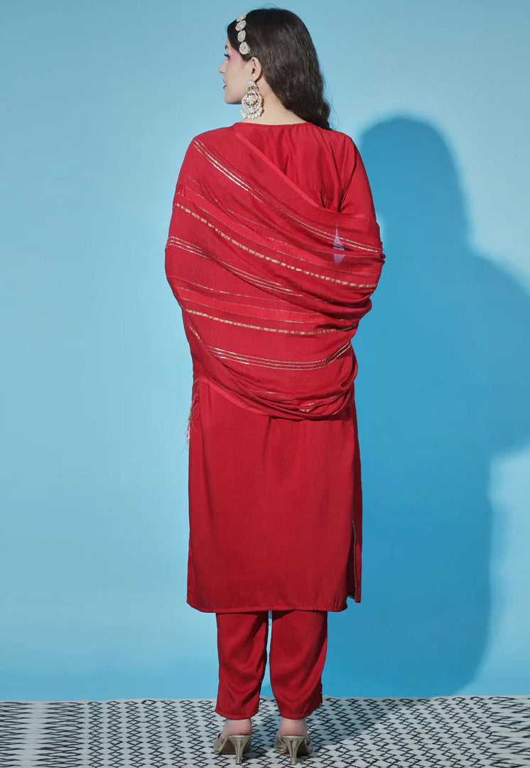 Red Cotton Silk Readymade Pant Style Suit