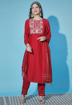 Load image into Gallery viewer, Red Cotton Silk Readymade Pant Style Suit
