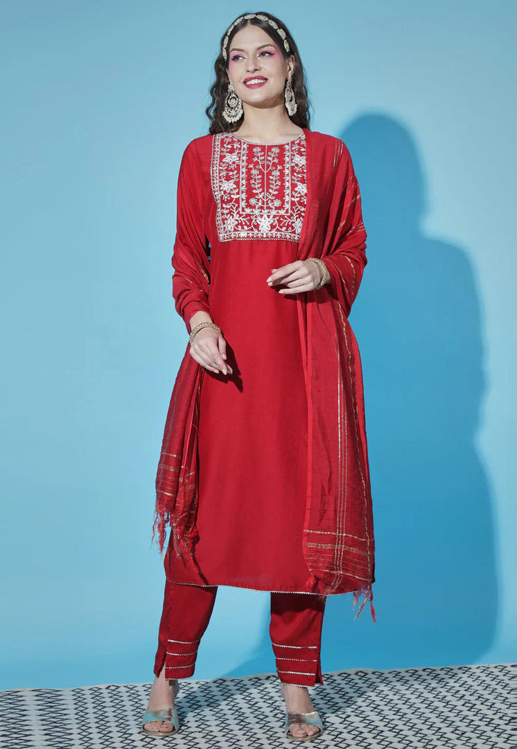Red Cotton Silk Readymade Pant Style Suit