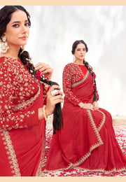 Red Crepe Saree With Blouse