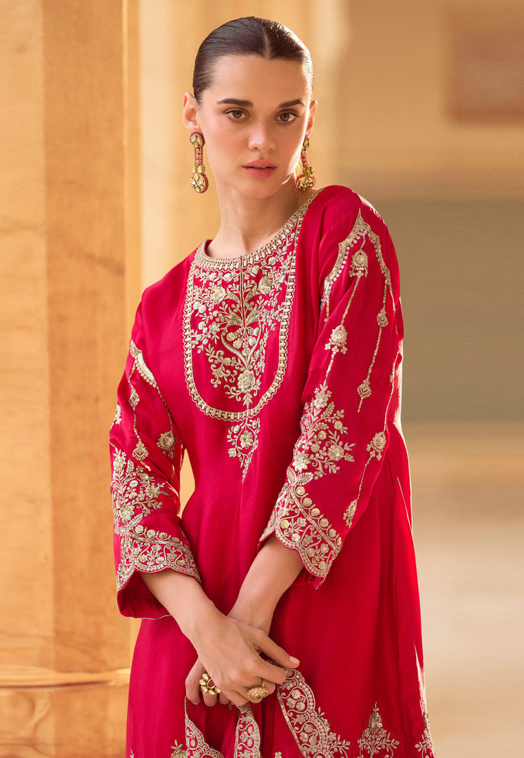 Red Crepe Silk Dhoti Style Suit