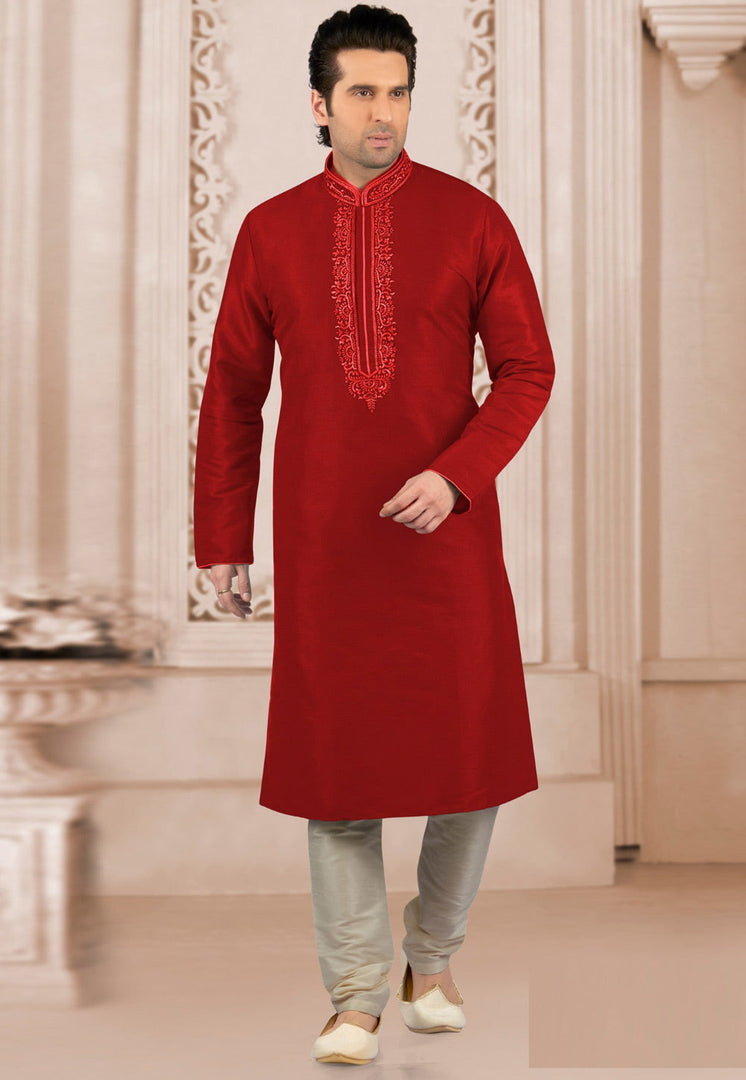 Red Dupion Silk Kurta Pajama