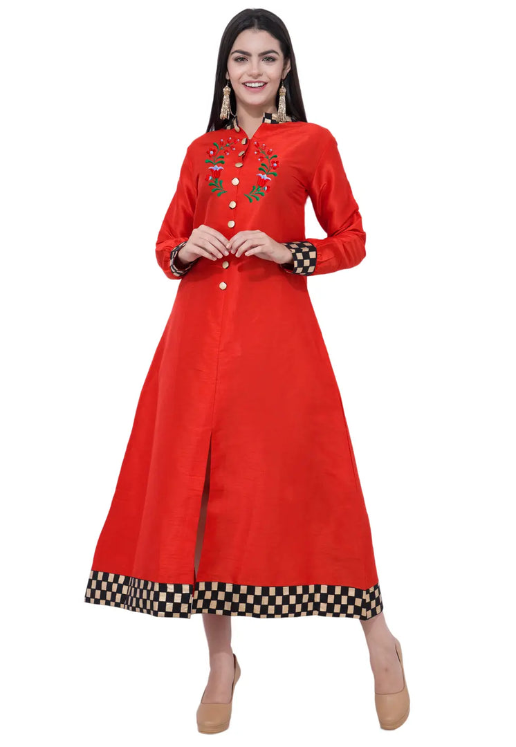 Red Dupion Silk Kurta Set With Pent