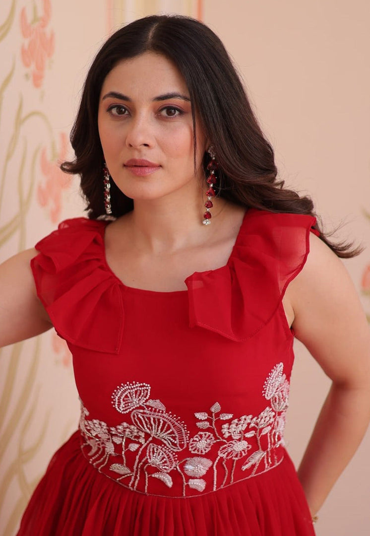Red Faux Georgette Gown