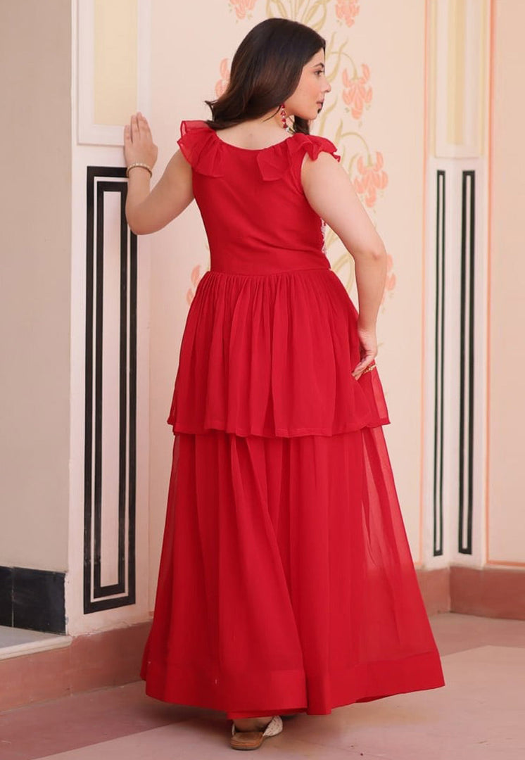 Red Faux Georgette Gown