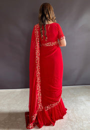 Red Faux Georgette Lehenga Saree