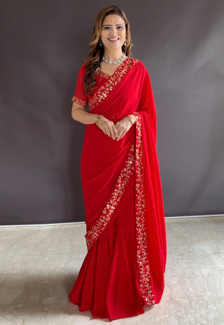 Red Faux Georgette Lehenga Saree