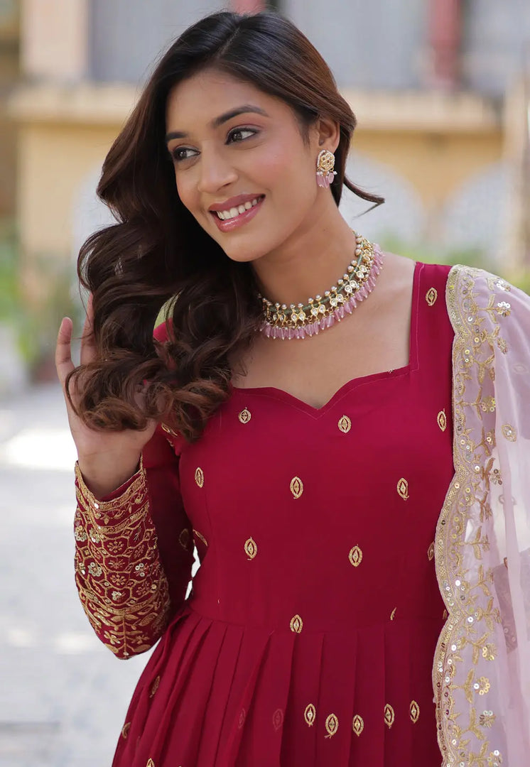 Red Faux Georgette Readymade Anarkali Suit