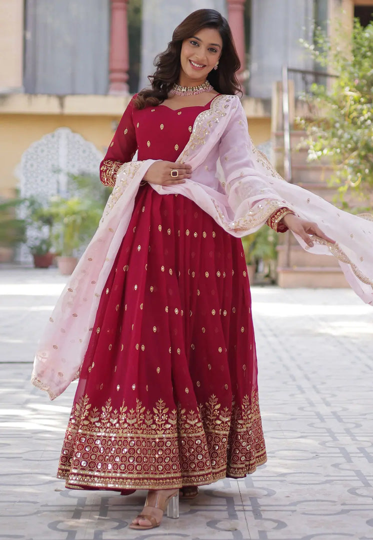 Red Faux Georgette Readymade Anarkali Suit