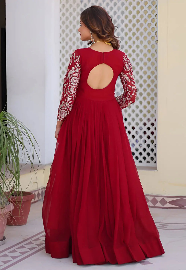 Red Faux Georgette Readymade Anarkali Suit