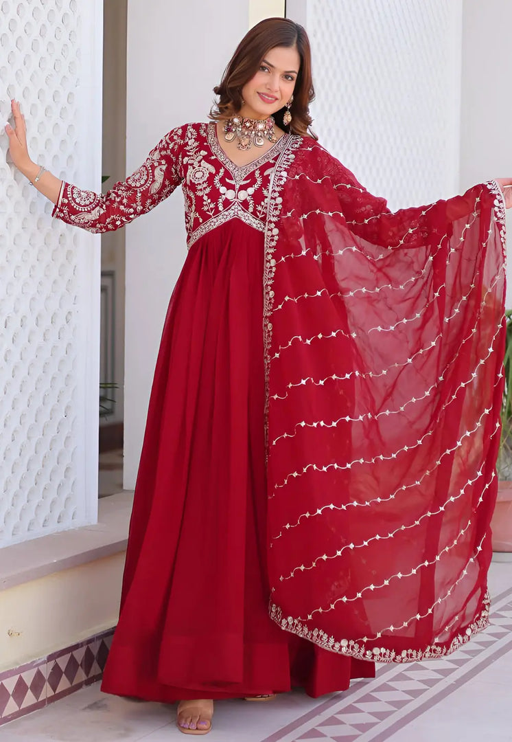 Red Faux Georgette Readymade Anarkali Suit