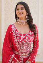 Load image into Gallery viewer, Red Faux Georgette Readymade Circular Lehenga Choli
