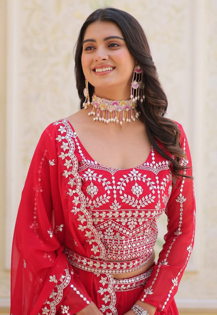 Red Faux Georgette Readymade Circular Lehenga Choli