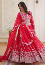 Load image into Gallery viewer, Red Faux Georgette Readymade Circular Lehenga Choli
