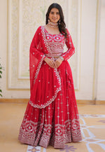 Load image into Gallery viewer, Red Faux Georgette Readymade Circular Lehenga Choli
