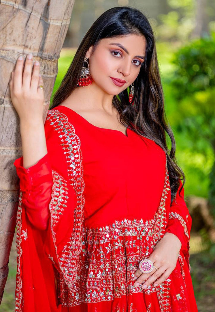 Red Faux Georgette Readymade Gharara Suit