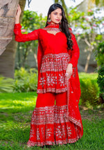 Load image into Gallery viewer, Red Faux Georgette Readymade Gharara Suit
