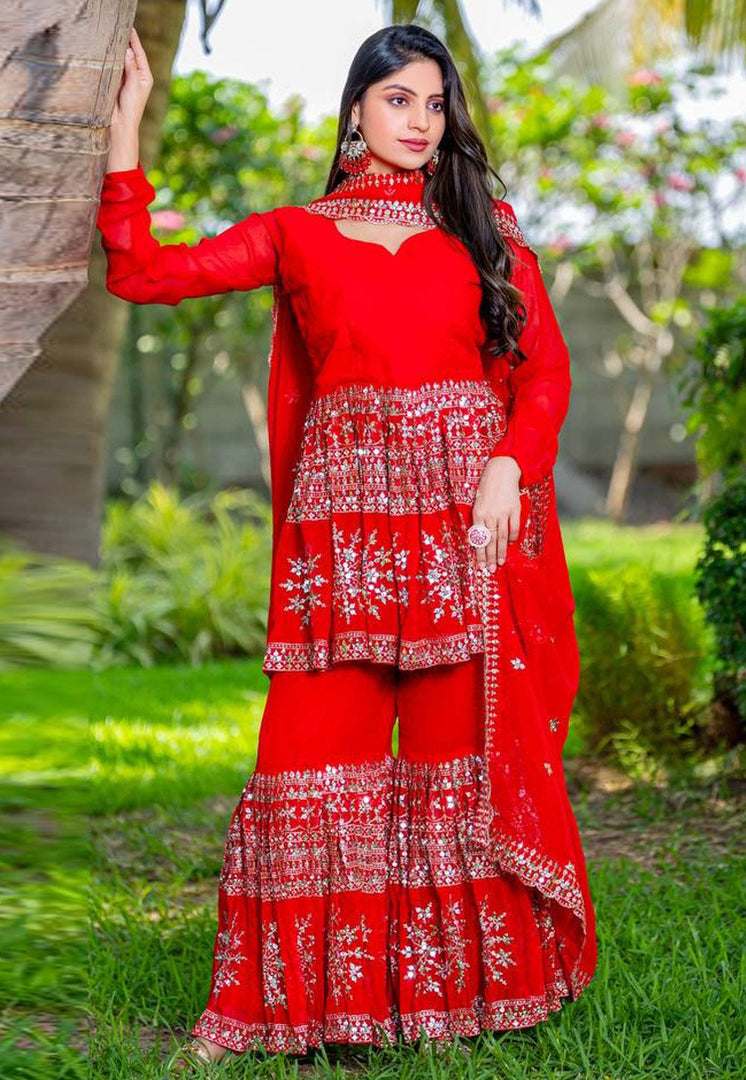 Red Faux Georgette Readymade Gharara Suit