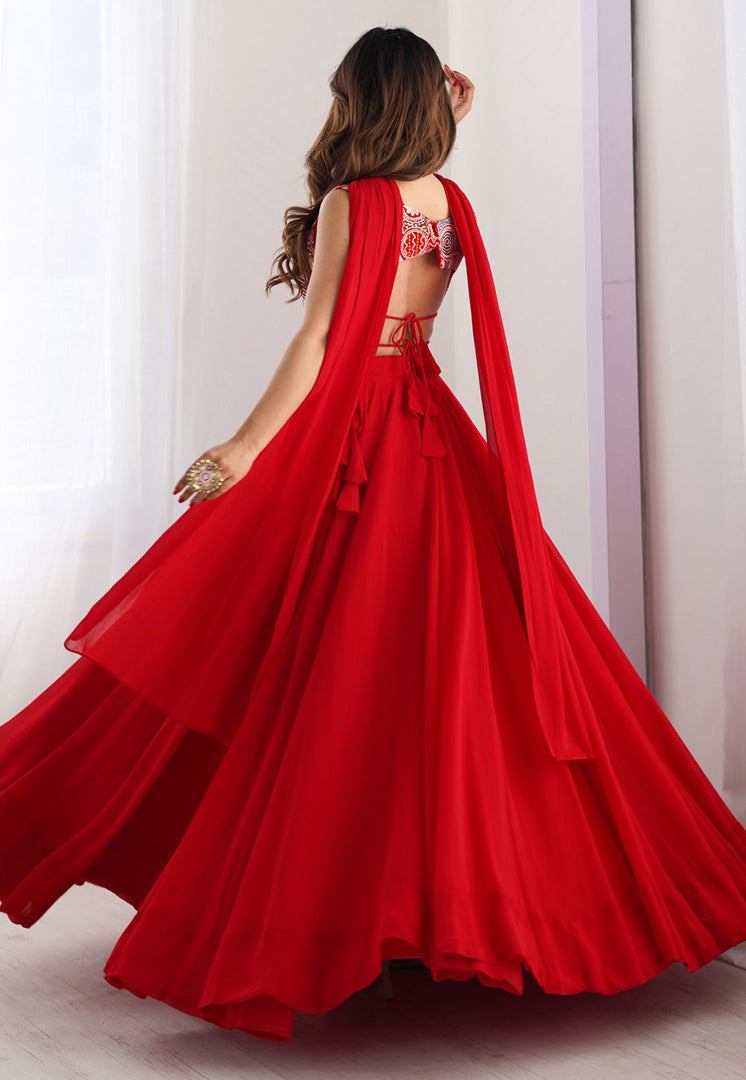 Red Faux Georgette Readymade Lehenga Choli
