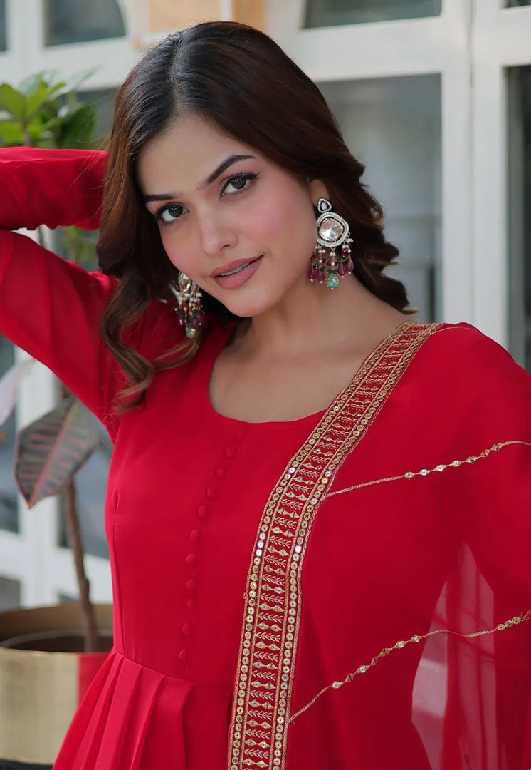 Red Faux Georgette Readymade Long Anarkali Suit