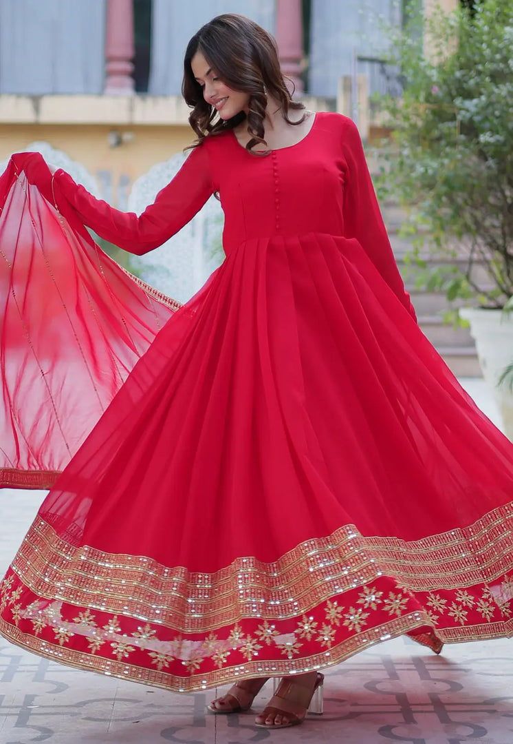 Red Faux Georgette Readymade Long Anarkali Suit
