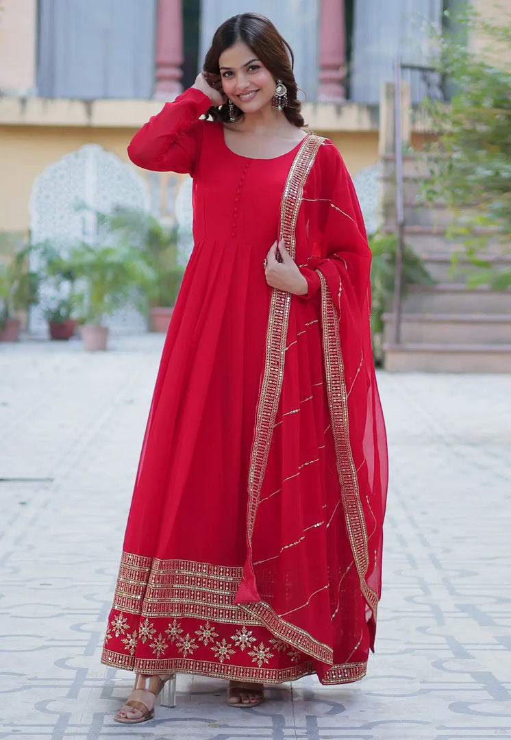 Red Faux Georgette Readymade Long Anarkali Suit