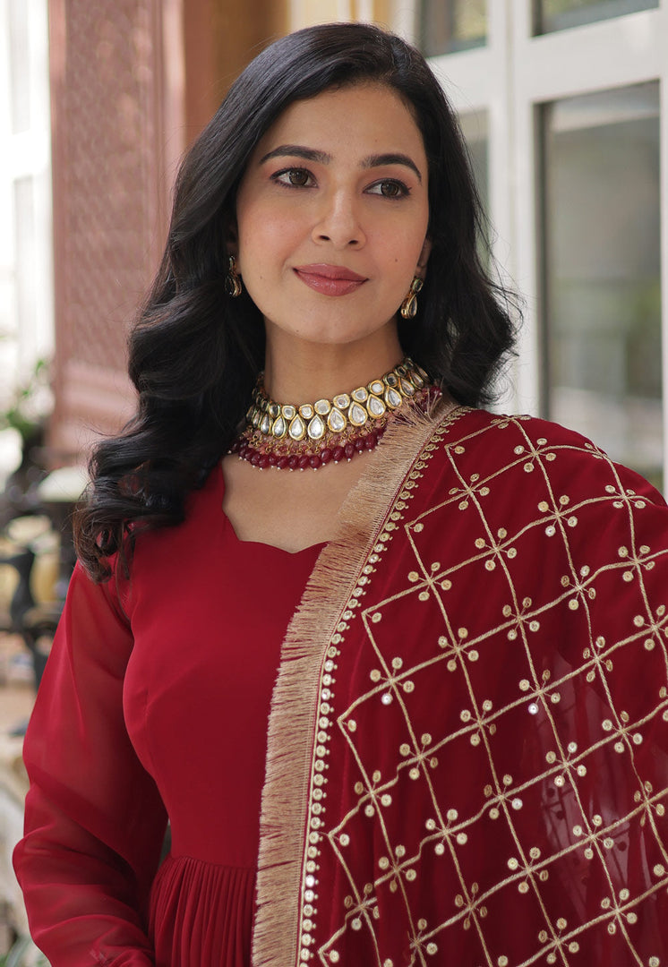 Red Faux Georgette Readymade Long Anarkali Suit