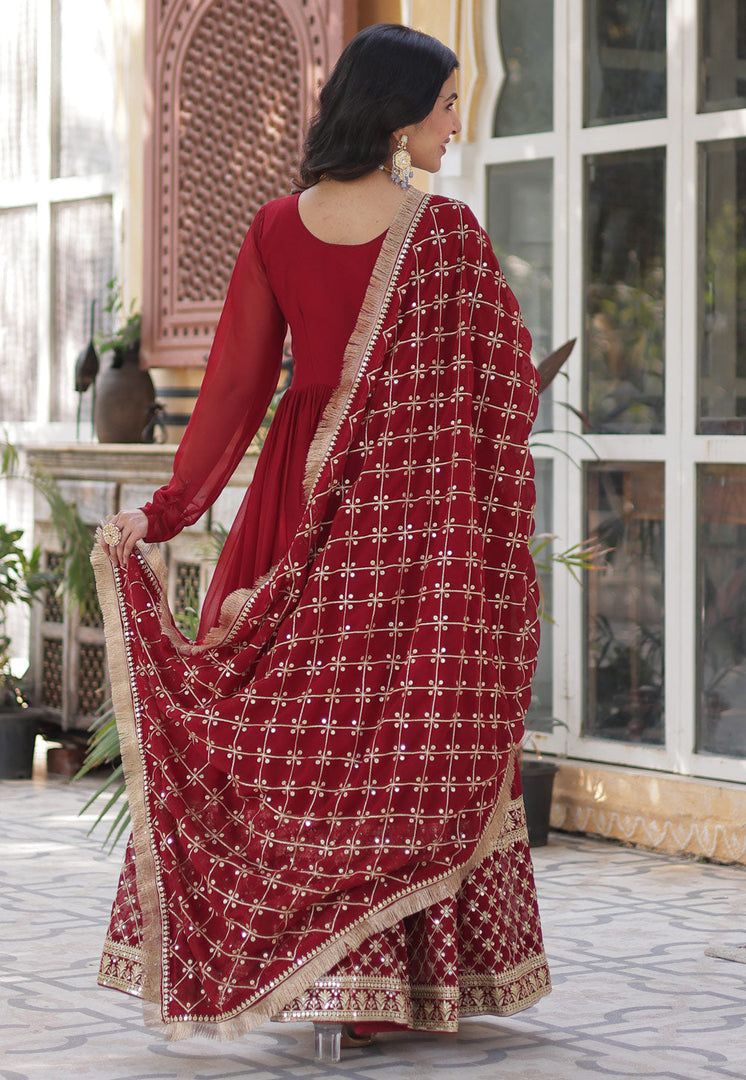 Red Faux Georgette Readymade Long Anarkali Suit