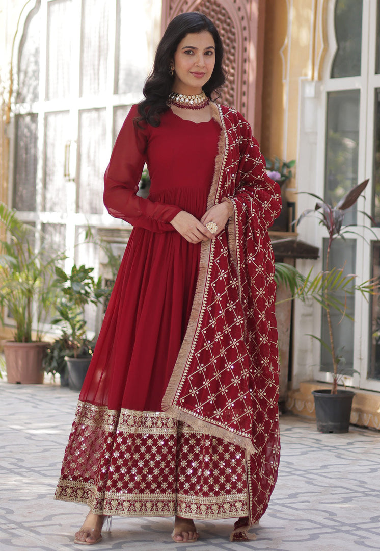 Red Faux Georgette Readymade Long Anarkali Suit