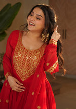 Load image into Gallery viewer, Red Faux Georgette Readymade Long Anarkali Suit
