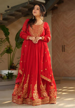 Load image into Gallery viewer, Red Faux Georgette Readymade Long Anarkali Suit
