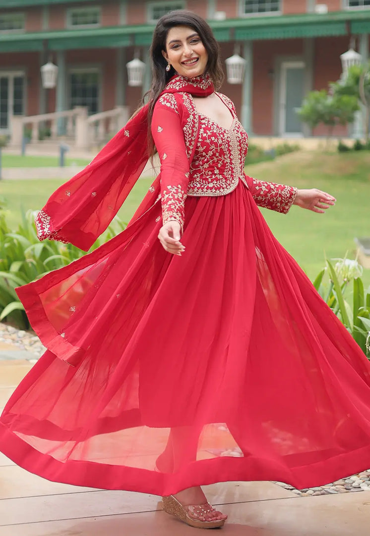 Red Faux Georgette Readymade Long Anarkali Suit