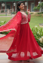Load image into Gallery viewer, Red Faux Georgette Readymade Long Anarkali Suit
