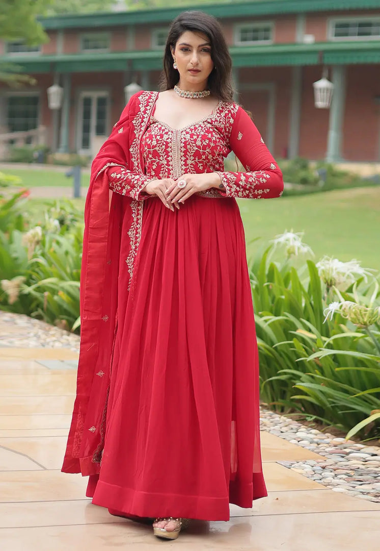Red Faux Georgette Readymade Long Anarkali Suit