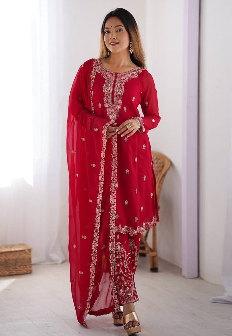 Red Faux Georgette Readymade Pakistani Suit